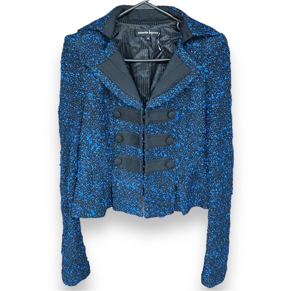 Nanette Lepore Tweed Cropped Military Style Blue Black Vamp Blazer Medium - Picture 3 of 7